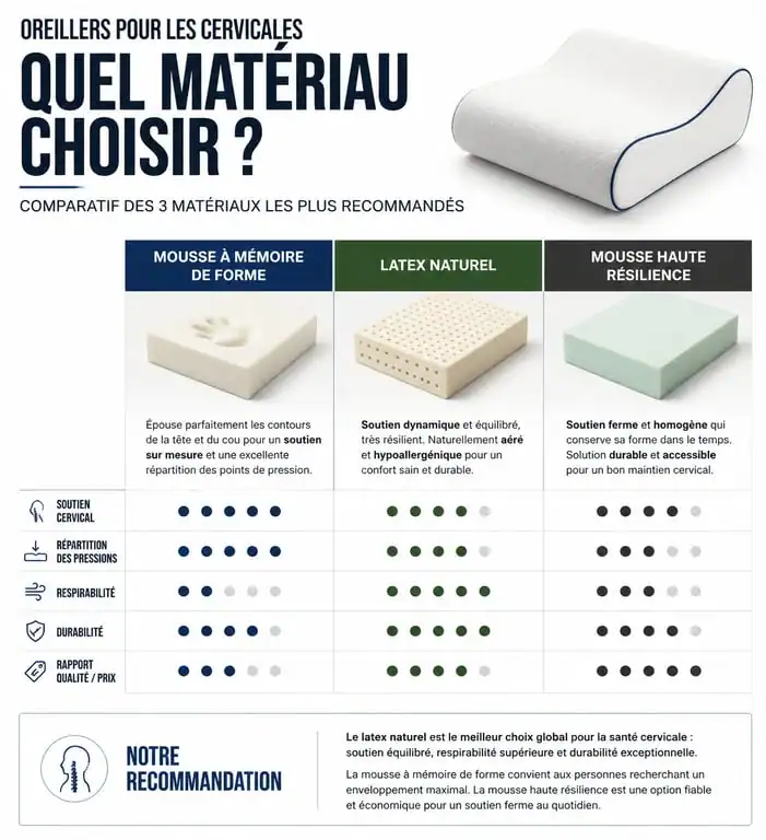 Comparatif des matériaux d'oreillers pour les cervicales : mousse à mémoire de forme, latex et haute résilience