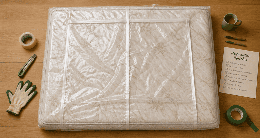 bache matelas transparente sur lit avec accessoires demenagement