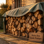 bache pour bois sur tas de buches au jardin