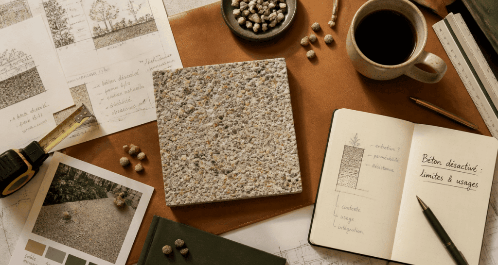 béton désactivé inconvénients échantillon granuleux sur bureau d'architecte