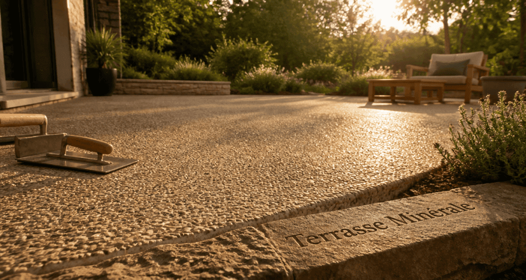 béton desactivé terrasse surface texturée outils jardin