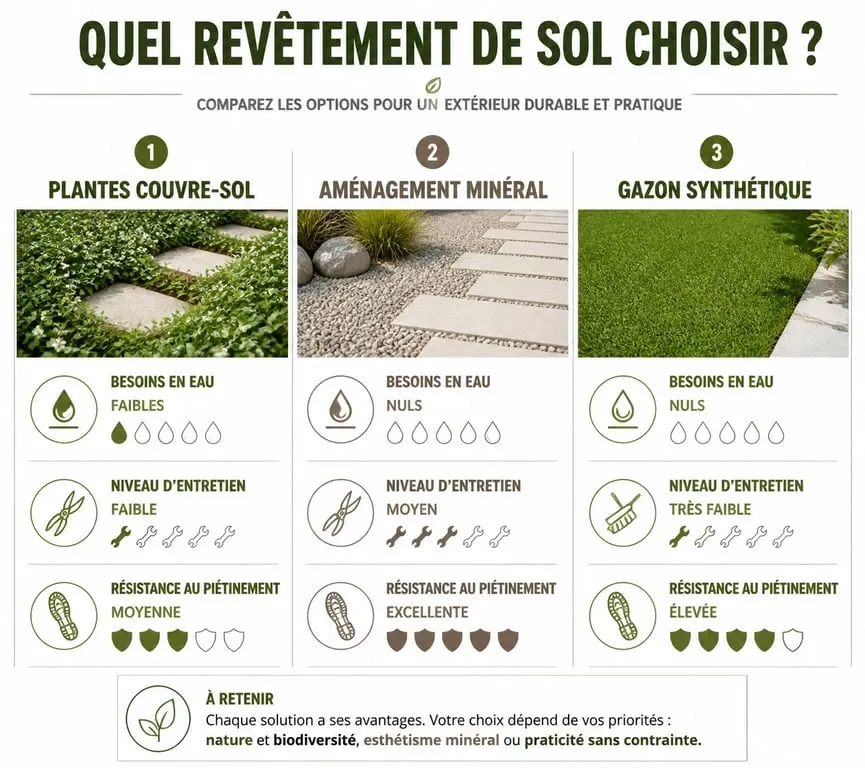 Infographie comparative des alternatives au gazon : plantes, minéral et synthétique pour remplacer le gazon traditionnel.