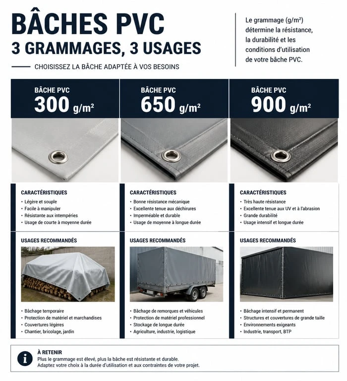 Infographie comparative des grammages et usages des bâches PVC pour le choix de protection