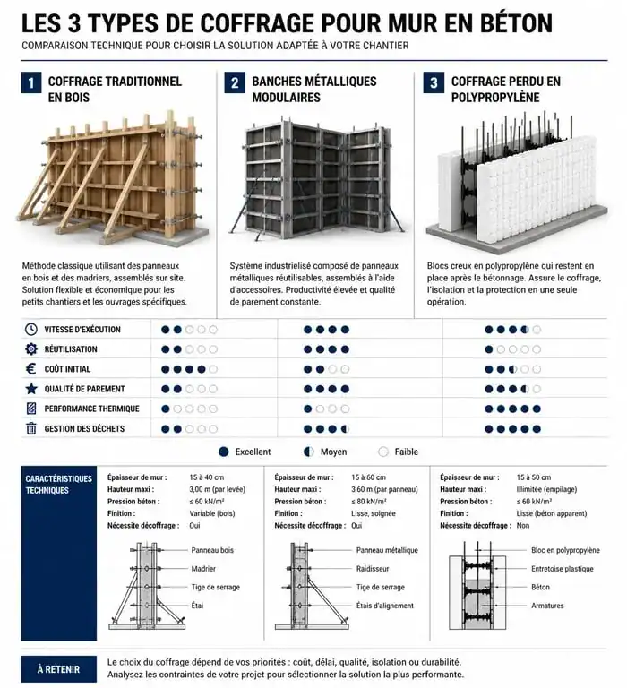 Comparatif des types de coffrage pour mur en béton : traditionnel, banches et coffrage perdu