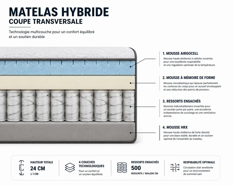 Schéma technique des couches du matelas hybride 2 Emma pour comprendre sa structure et son confort