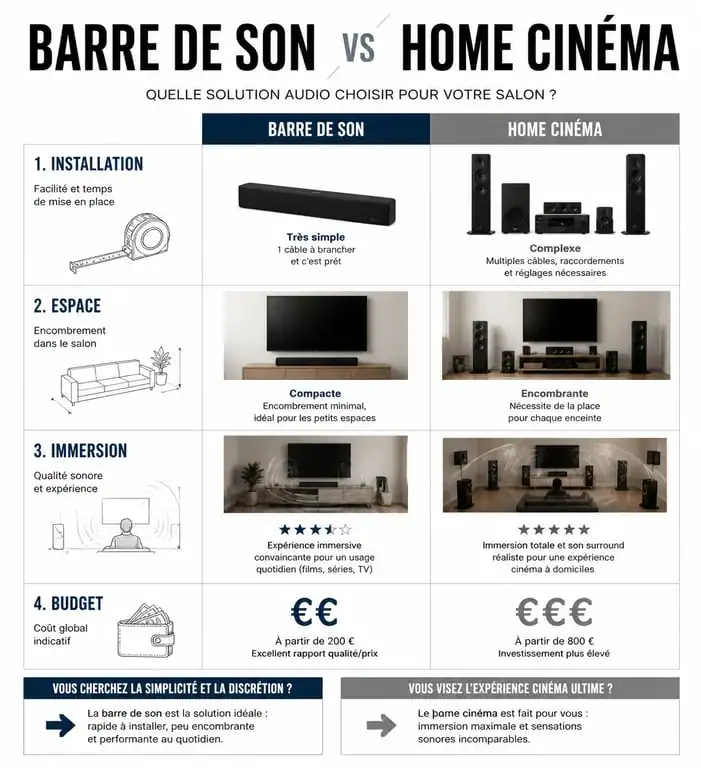 Infographie comparative : barre de son ou home cinema pour votre installation audio