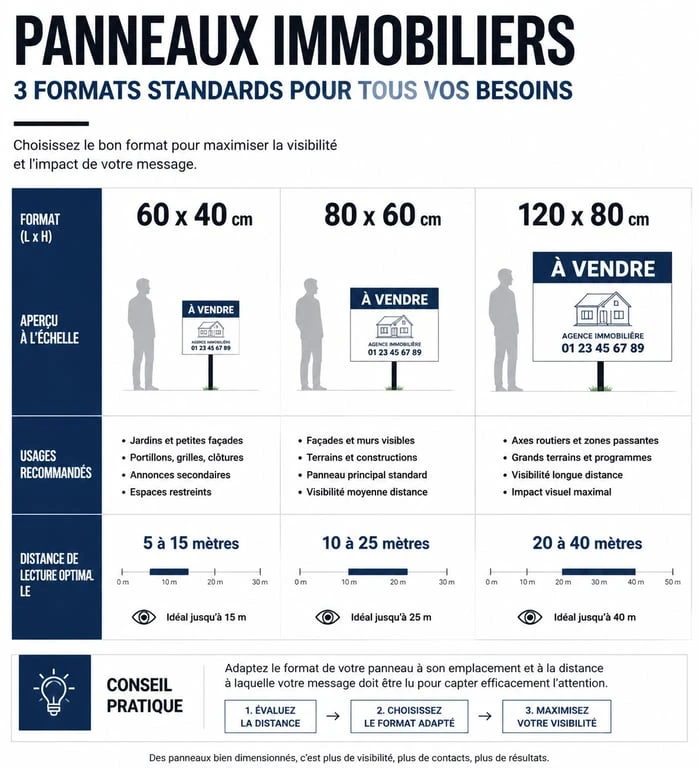 Infographie des formats de panneaux agence immobilière et conseils de visibilité