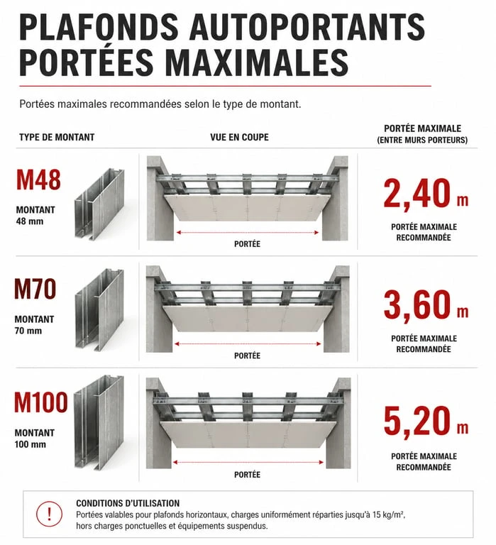 Tableau récapitulatif des portées maximales pour plafond autoportant selon la section des montants M48, M70 et M100