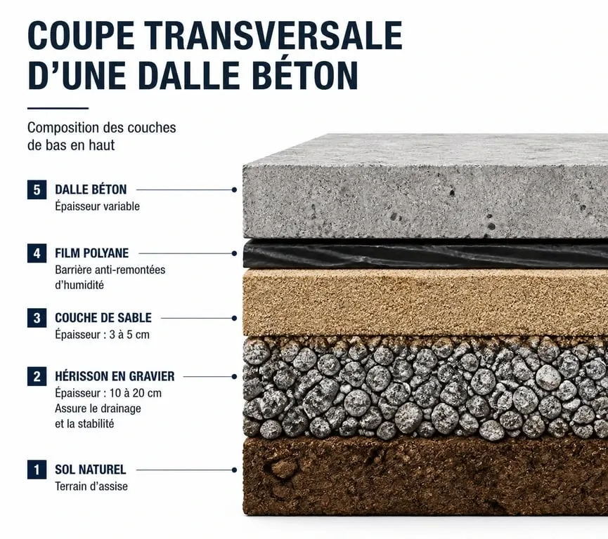 Schéma technique des couches d'une dalle béton avec hérisson en gravier