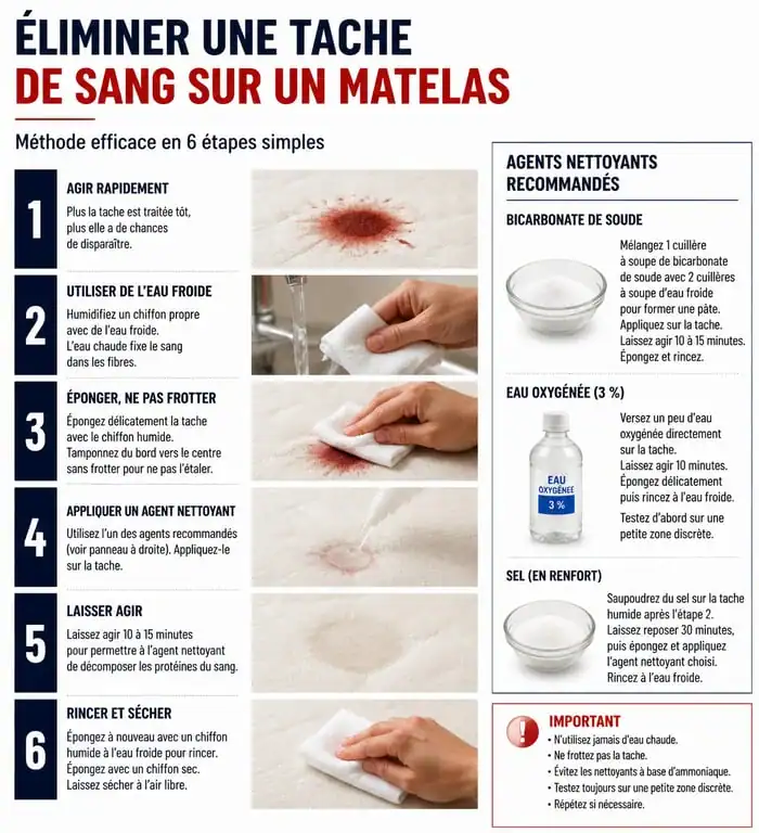 Infographie des étapes pour enlever une tache de sang sur un matelas