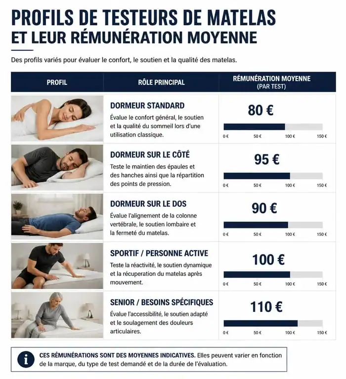 Infographie des niveaux de rémunération pour un testeur de matelas professionnel
