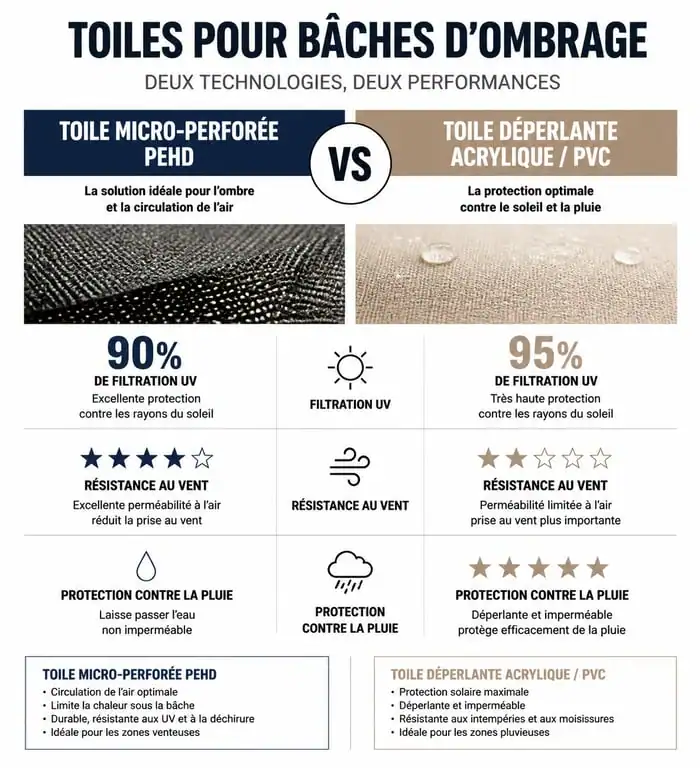 Comparatif des types de toiles pour bâches d'ombrage : micro-perforée vs déperlante