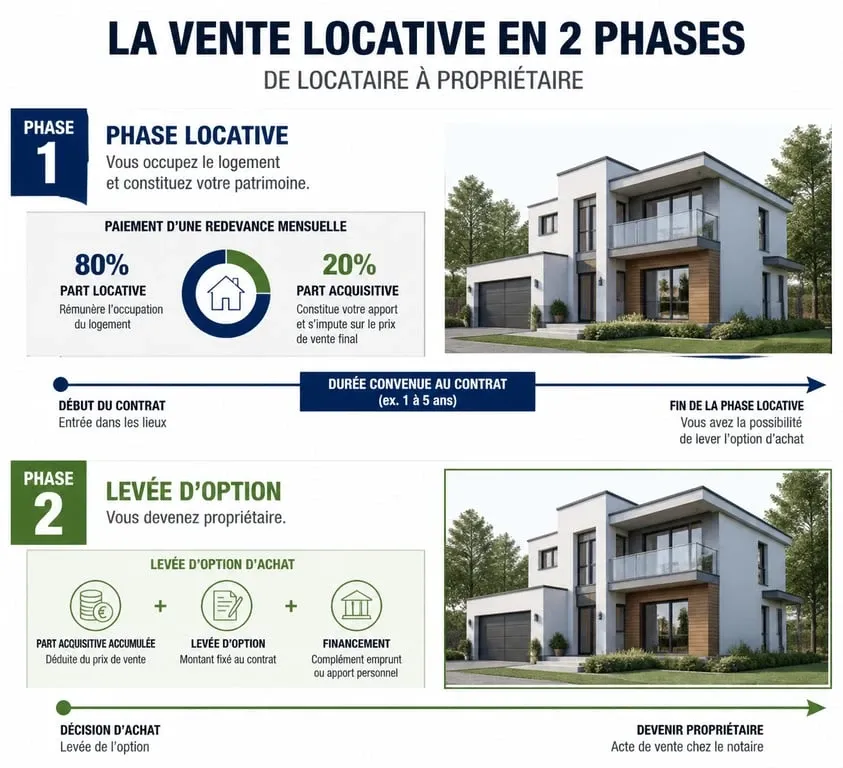 Schéma explicatif du fonctionnement de la vente locative et du passage à la propriété