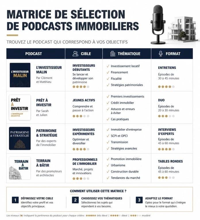 Infographie comparative des meilleurs podcasts immobiliers par profil d'investisseur et professionnel