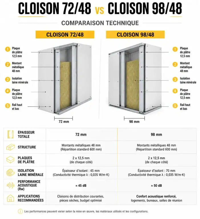 Comparatif technique des cloisons 72/48 et 98/48 pour travaux de rénovation