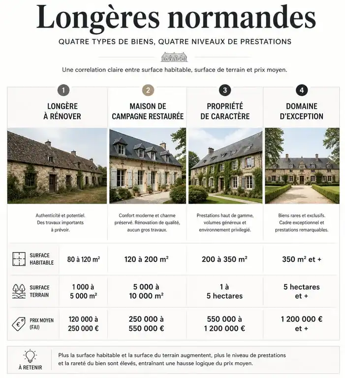 Infographie comparative des prix et surfaces des longères en Normandie pour les acheteurs immobiliers