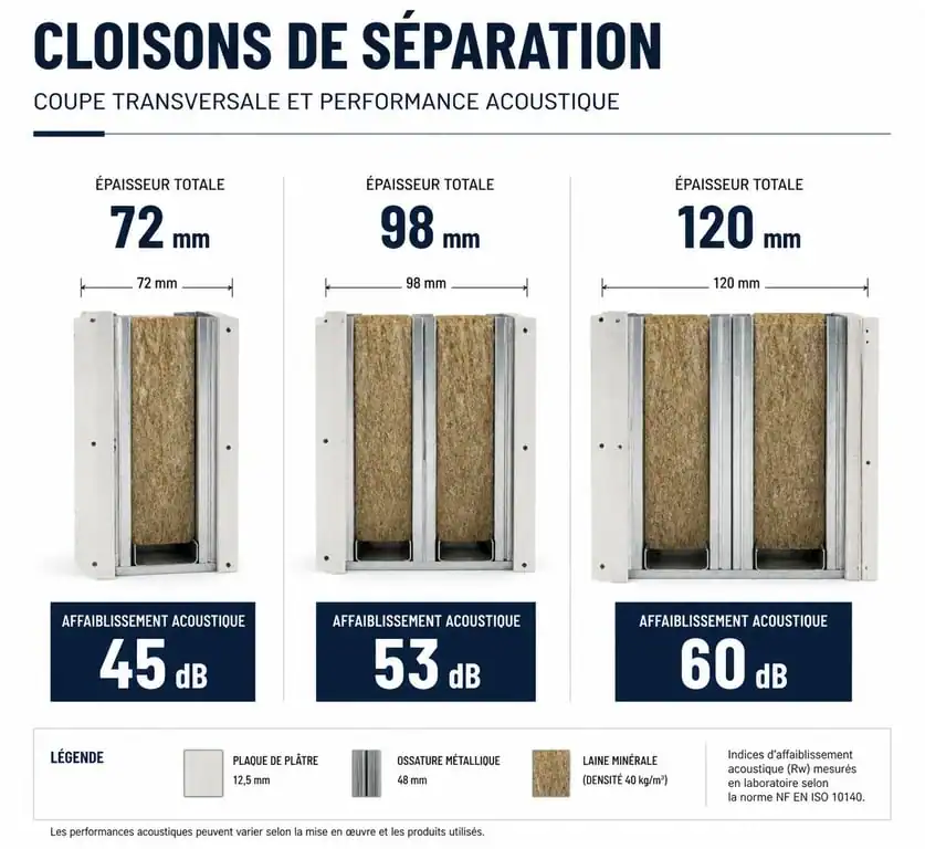 Comparatif des épaisseurs de cloison et isolation phonique pour chambres