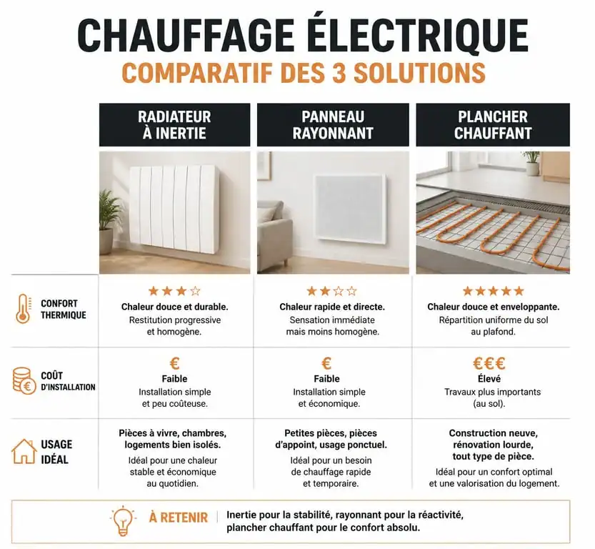 Comparatif des technologies de chauffage individuel électrique : inertie, rayonnant et plancher chauffant