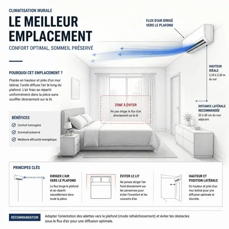 Schéma d'installation optimale d'une climatisation dans une chambre à coucher