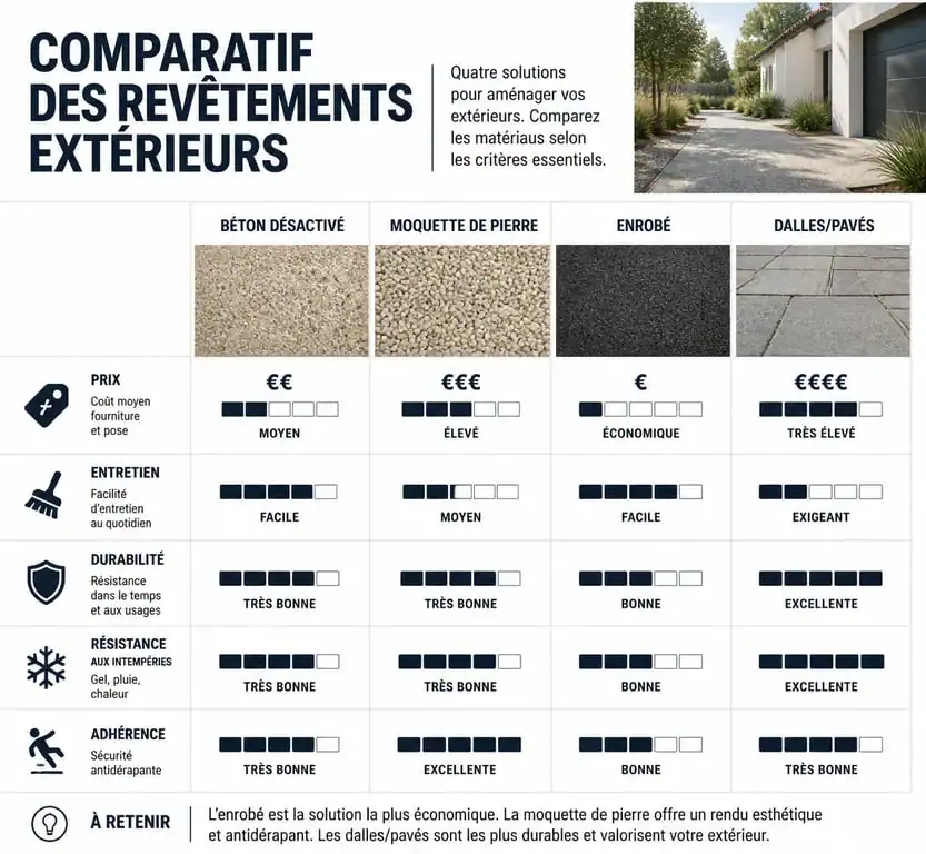 Infographie comparative des revêtements de sol extérieurs : béton désactivé, moquette de pierre, enrobé et dalles.
