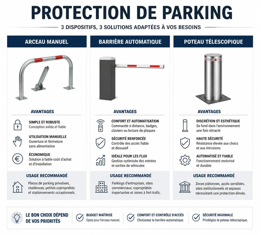 Infographie comparative des solutions de protection pour place de parking : arceau, barrière automatique et poteau.