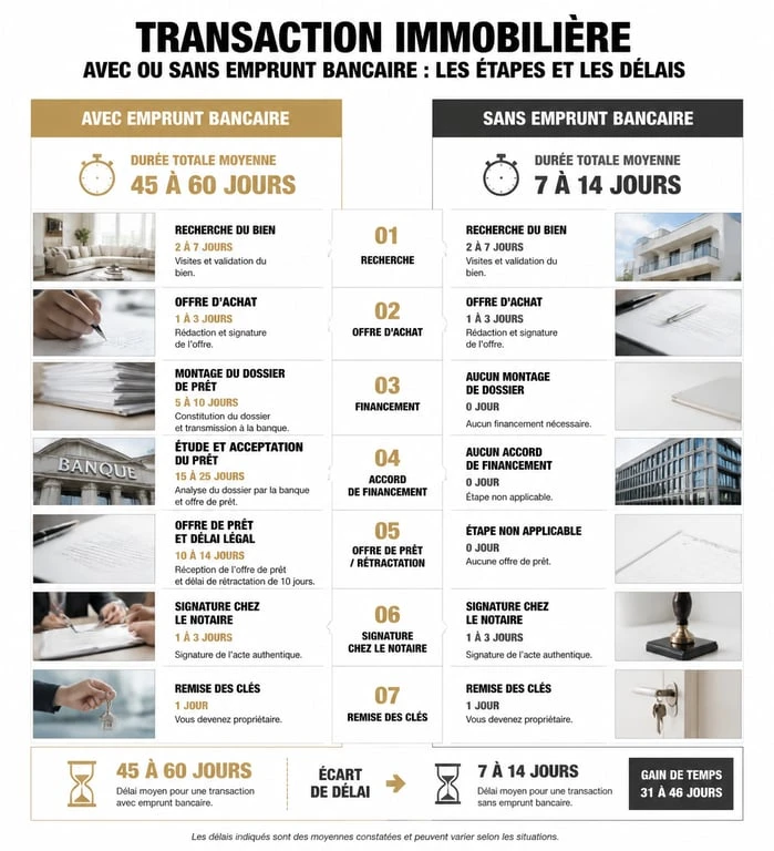 Infographie comparative des délais de transaction immobilière avec et sans emprunt pour un compromis de vente sans emprunt