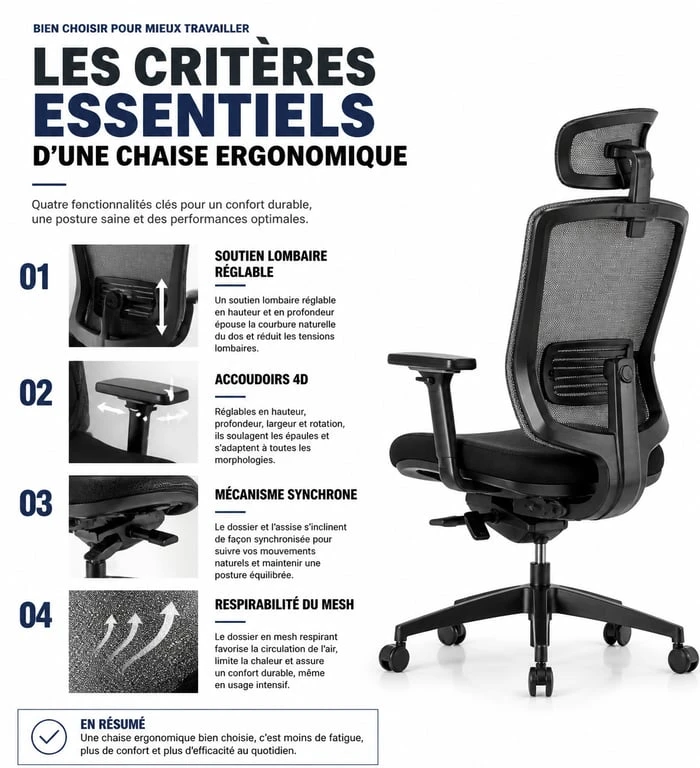 Infographie des critères techniques pour choisir la meilleure chaise ergonomique de bureau