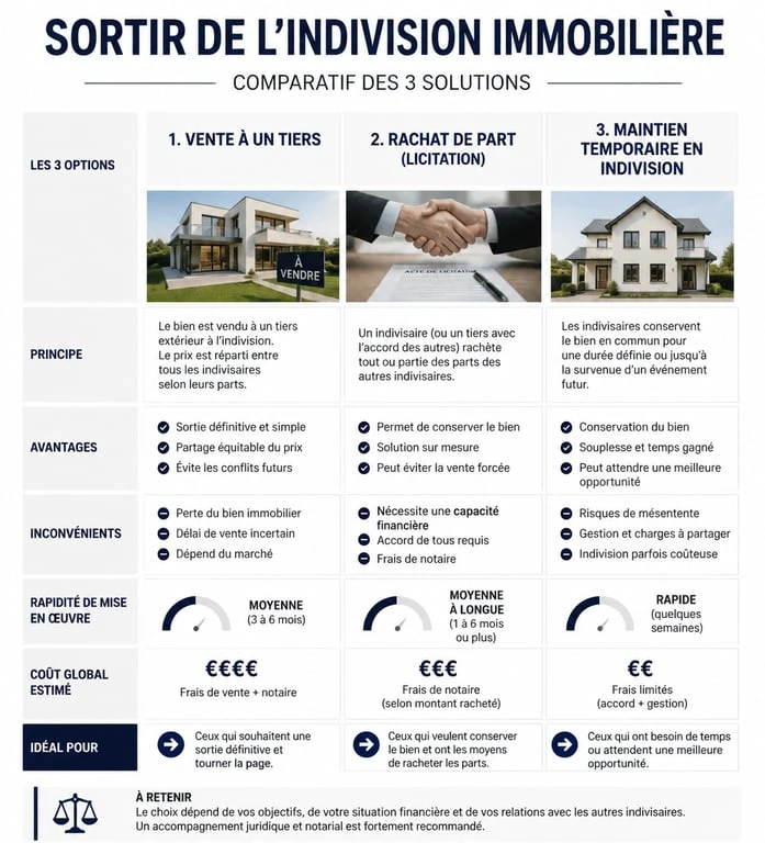 Infographie comparative des options lors d'une séparation d'un couple non marié possédant une maison en indivision