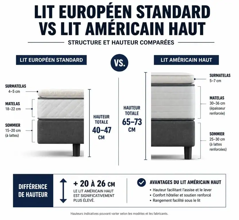 Comparaison visuelle entre un lit standard et un lit américain haut pour comprendre la différence de hauteur et de structure.