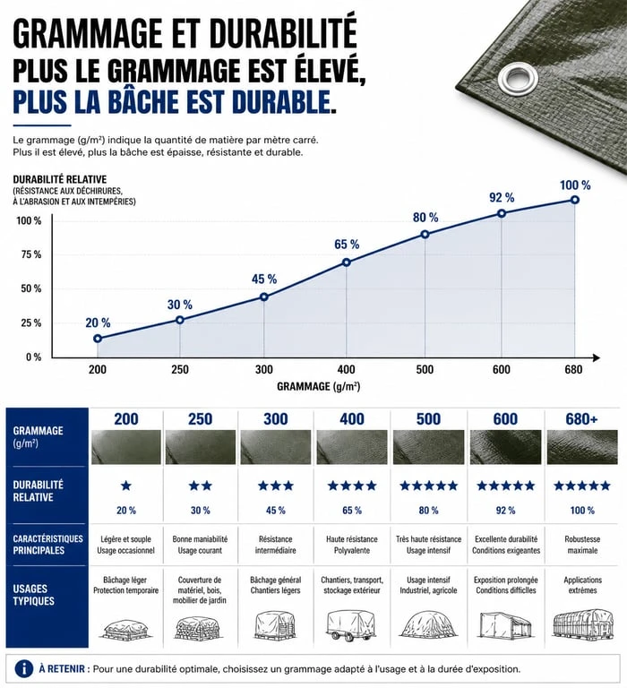 Infographie technique sur le grammage et la durabilité des bâches épaisses