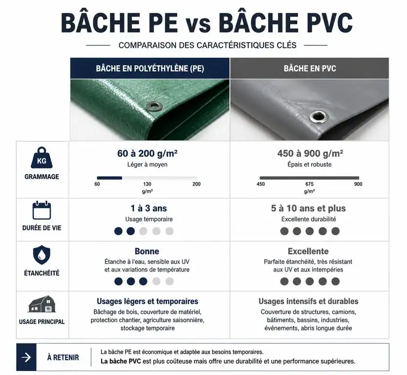 Comparatif technique entre bâche solide en PVC et bâche en polyéthylène pour choisir sa protection