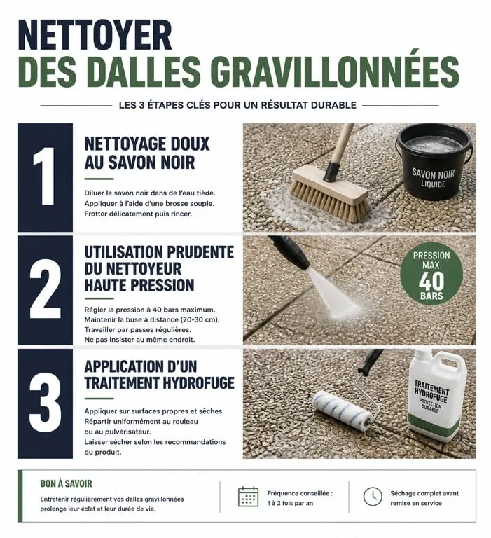 Infographie des étapes pour nettoyer des dalles gravillonnées noircies efficacement