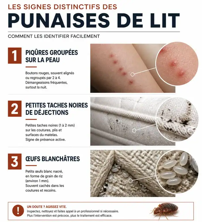 Signes d'infestation de punaises de lit : piqûres, déjections et œufs pour savoir comment identifier la présence de punaises de lit