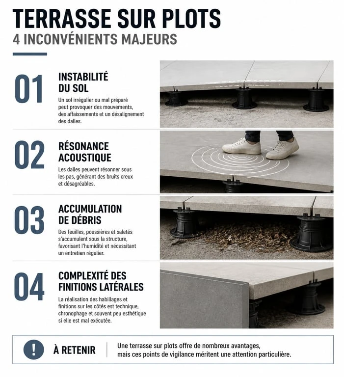 Infographie des principaux inconvénients d'une terrasse sur plots pour aider à la décision