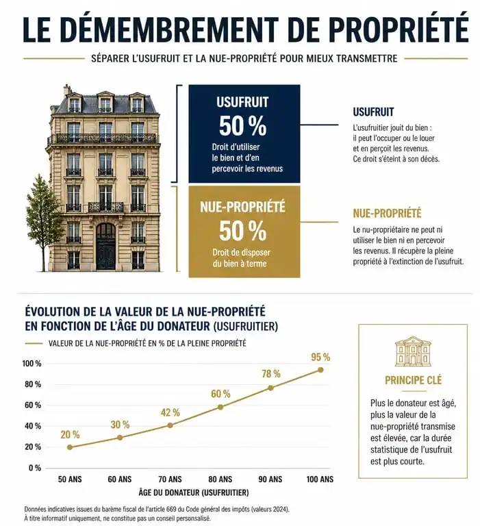 Schéma explicatif du démembrement de propriété et de la donation en nue-propriété après 70 ans
