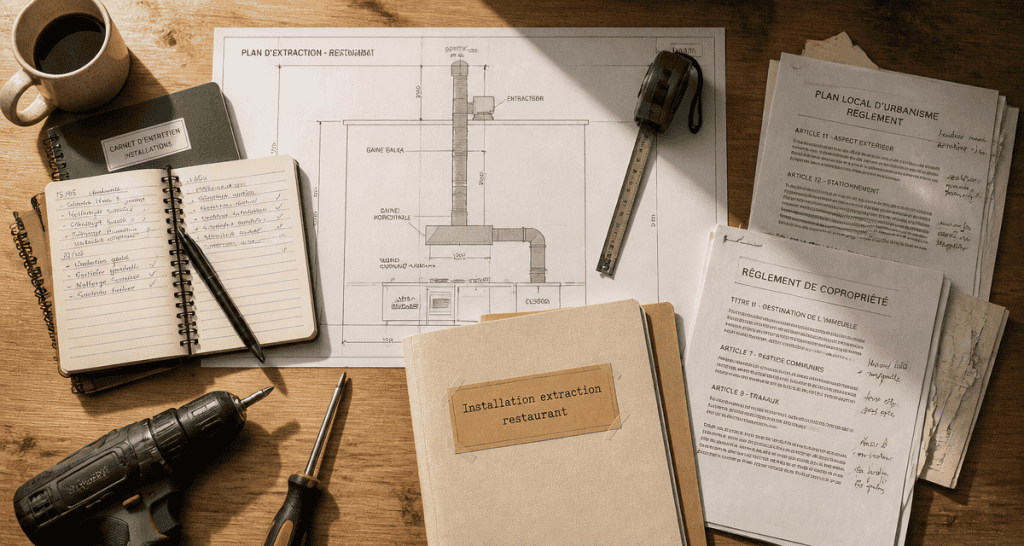 installation extraction restaurant dans copropriété sur table avec plans et outils