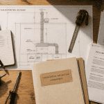 installation extraction restaurant dans copropriété sur table avec plans et outils