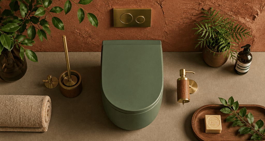 Toilette coloré avec accessoires laiton et mur terracotta