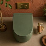 Toilette coloré avec accessoires laiton et mur terracotta