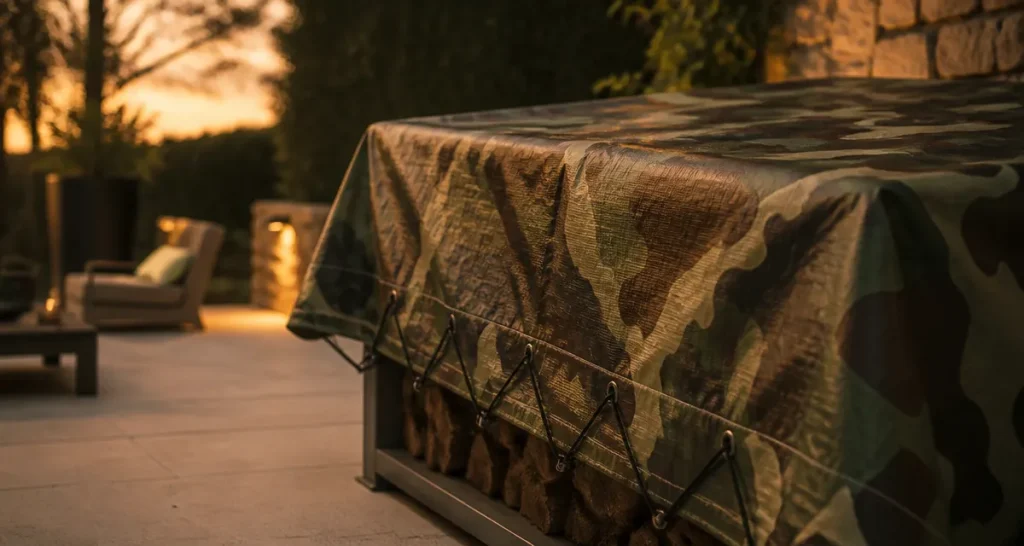 Bâche camouflage tendue sur une terrasse, protection discrète du bois