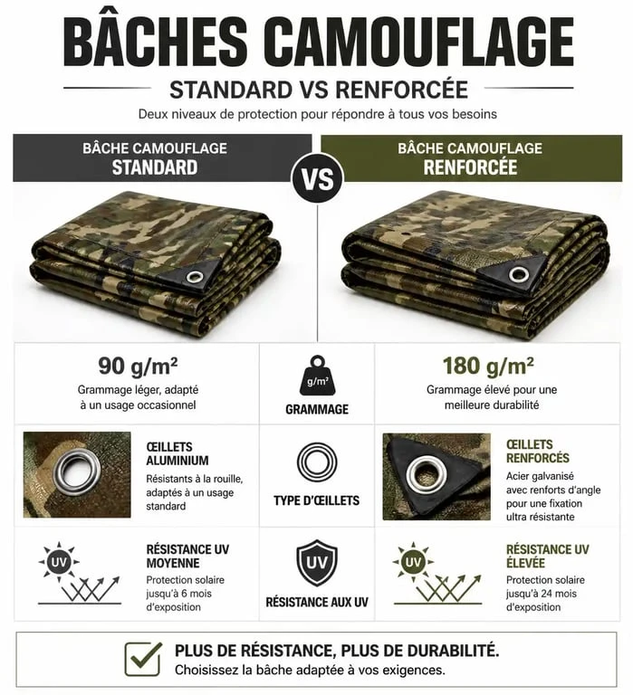 Comparatif technique des caractéristiques d'une bâche camouflage standard versus renforcée pour choisir la protection idéale.