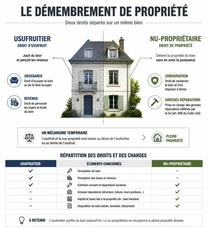 Schéma illustrant les droits de l'usufruitier et du nu-propriétaire dans le cadre d'un démembrement de propriété