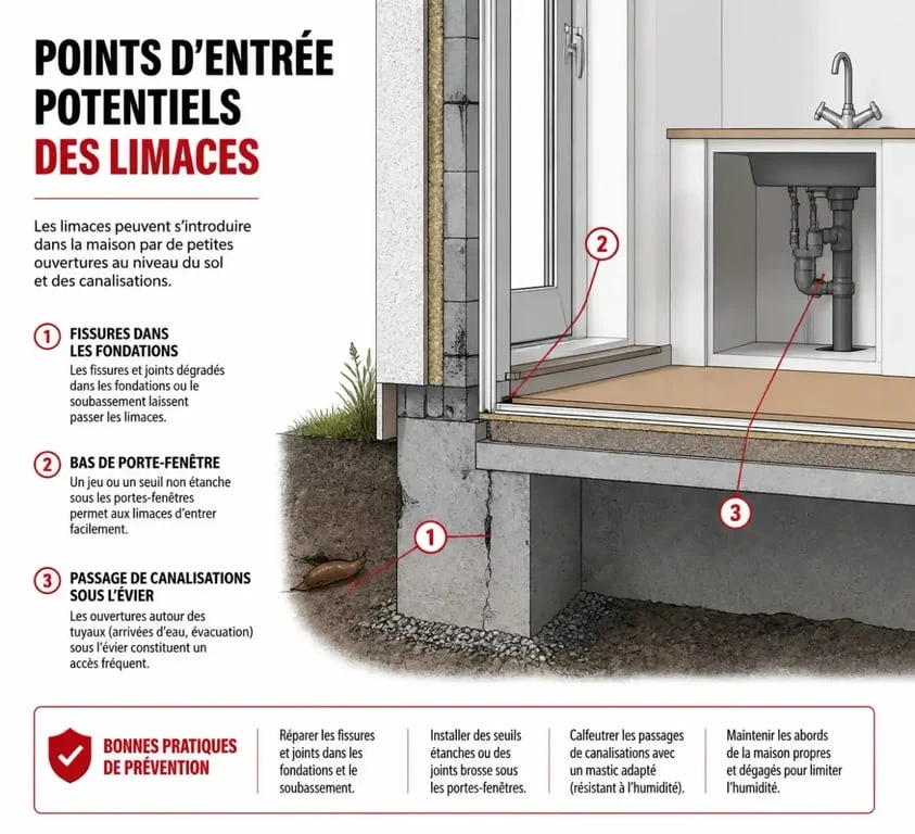 Schéma des points d'entrée des limaces dans la maison pour éviter l'invasion