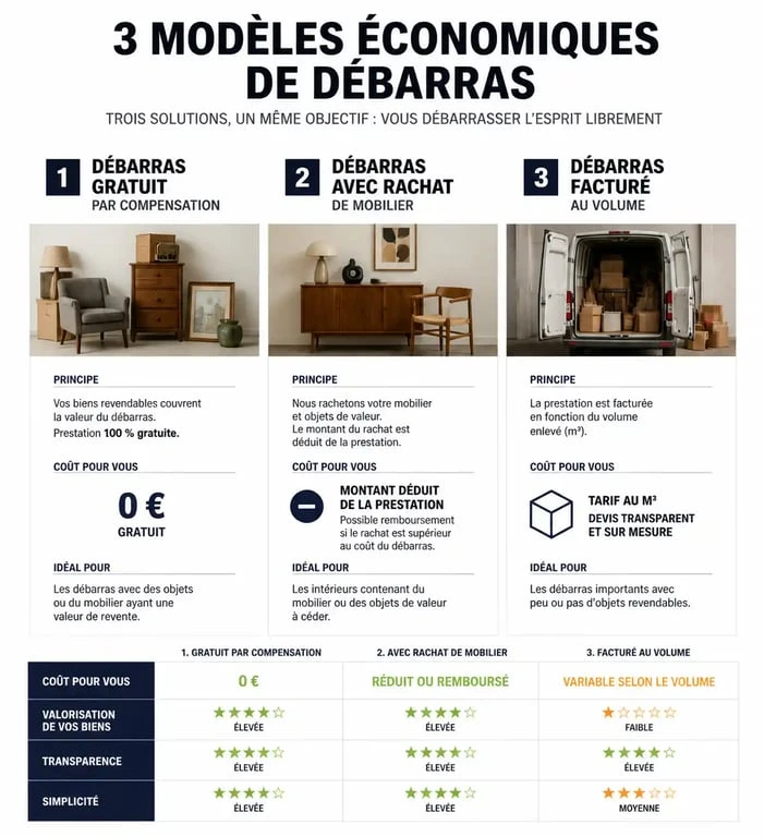 Infographie des trois modèles économiques de débarras à Nice : gratuit, rachat ou facturé au volume pour votre projet de débarras.