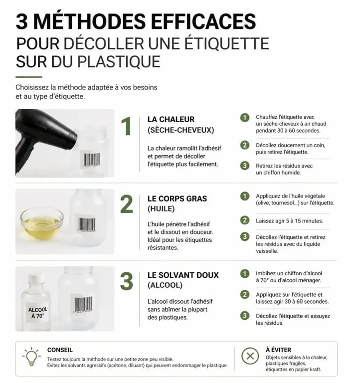 Infographie des méthodes pour décoller une étiquette sur du plastique sans l'abîmer