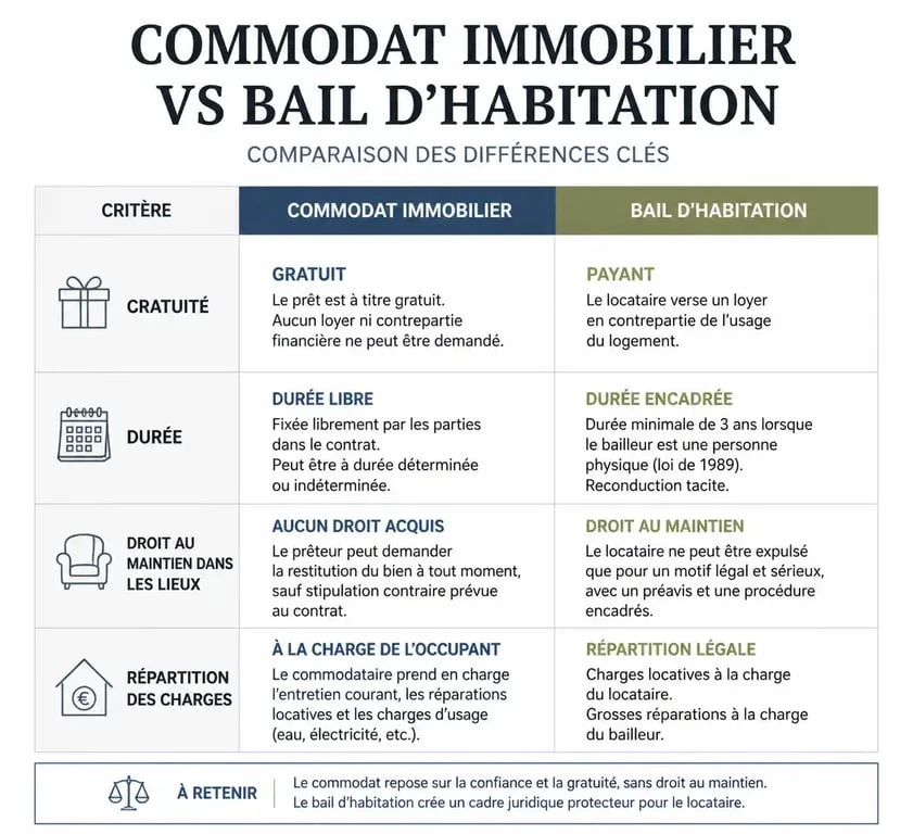Tableau comparatif des différences entre le commodat immobilier et le bail d'habitation