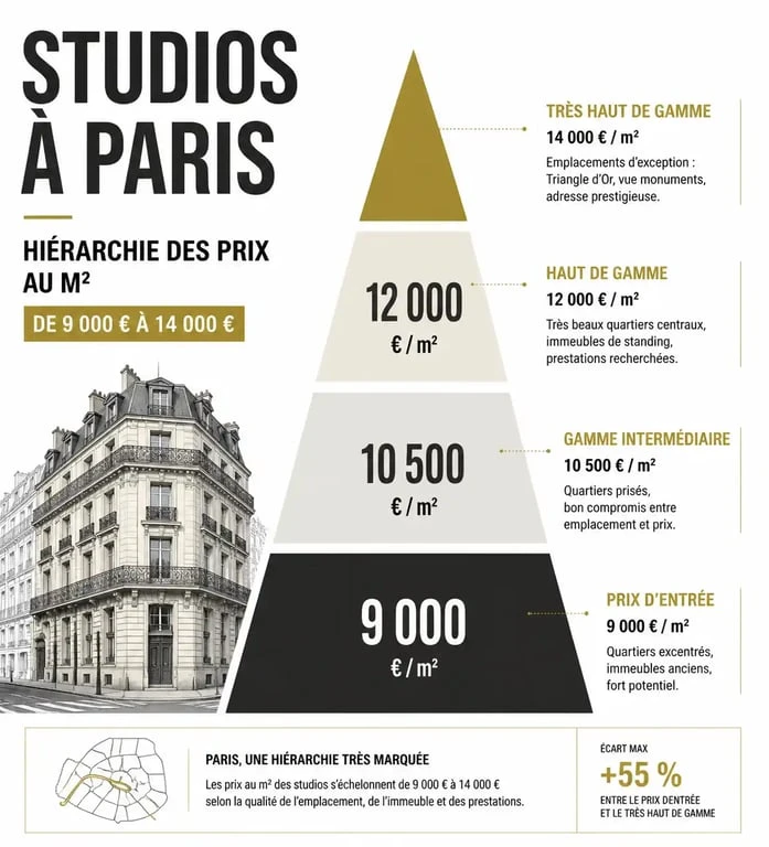 Graphique illustrant les prix au mètre carré pour acheter un studio à Paris par arrondissement