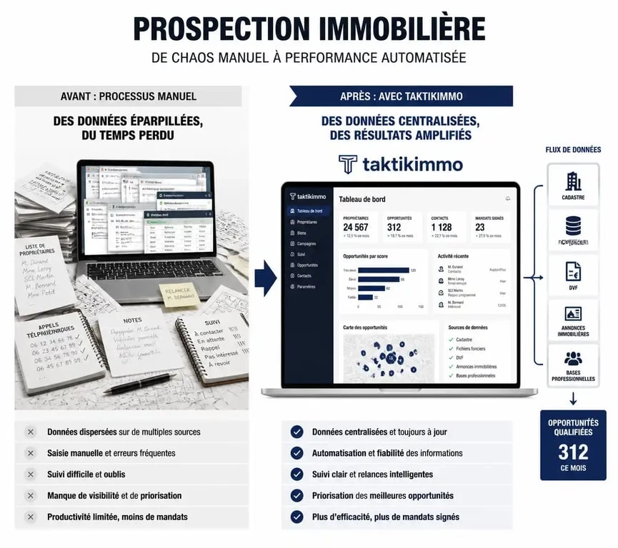 Schéma illustrant le gain de productivité avec le logiciel de pige immobilière Taktikimmo