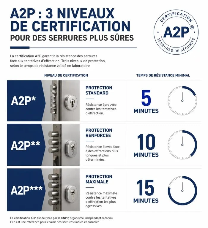 Infographie des niveaux de certification A2P pour serrurier Paris 20, expliquant la résistance des serrures contre les effractions.