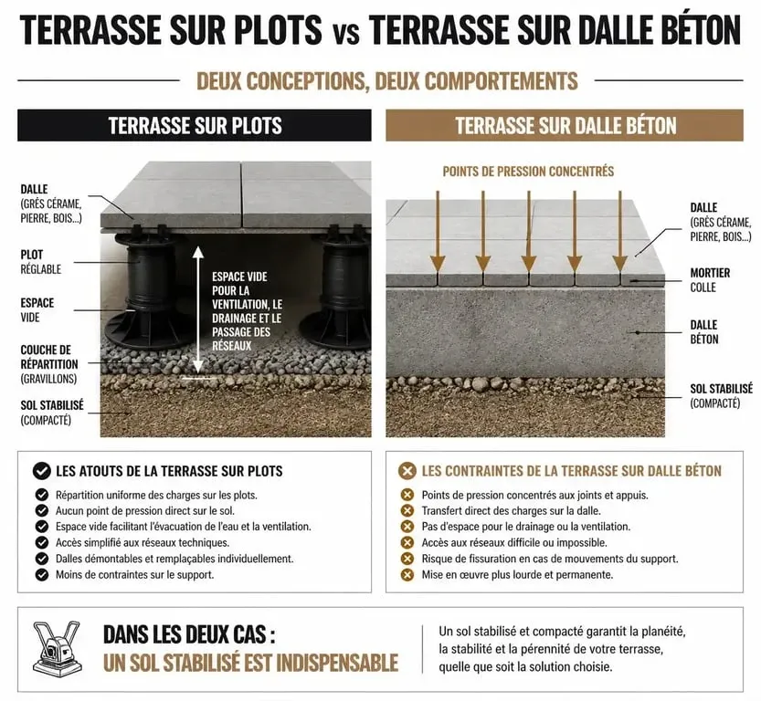 Infographie comparative des inconvénients et contraintes techniques de la pose de carrelage sur plots par rapport à la pose traditionnelle.